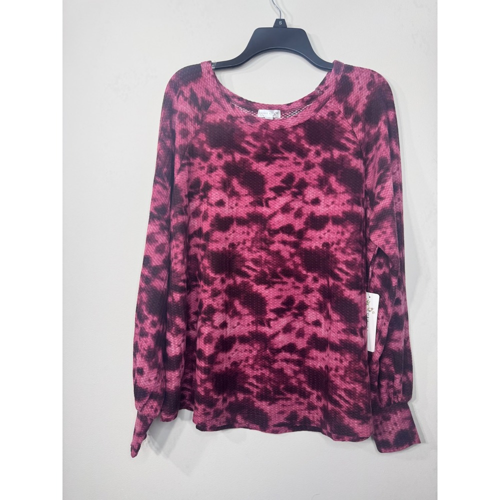 Orange Kiss Womens 2X Pink Tie Dye Waffle Knit Long Sleeve Thermal Top